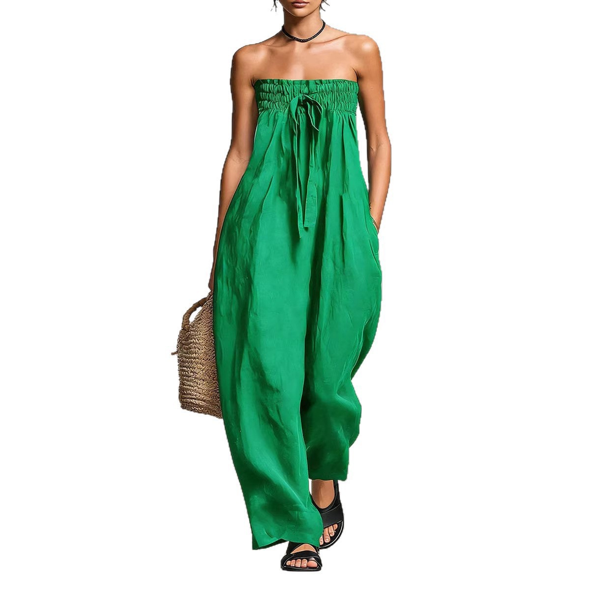 Women's Strapless Ruched Tie-Front Jumpsuit Sleeveless Straight-Leg