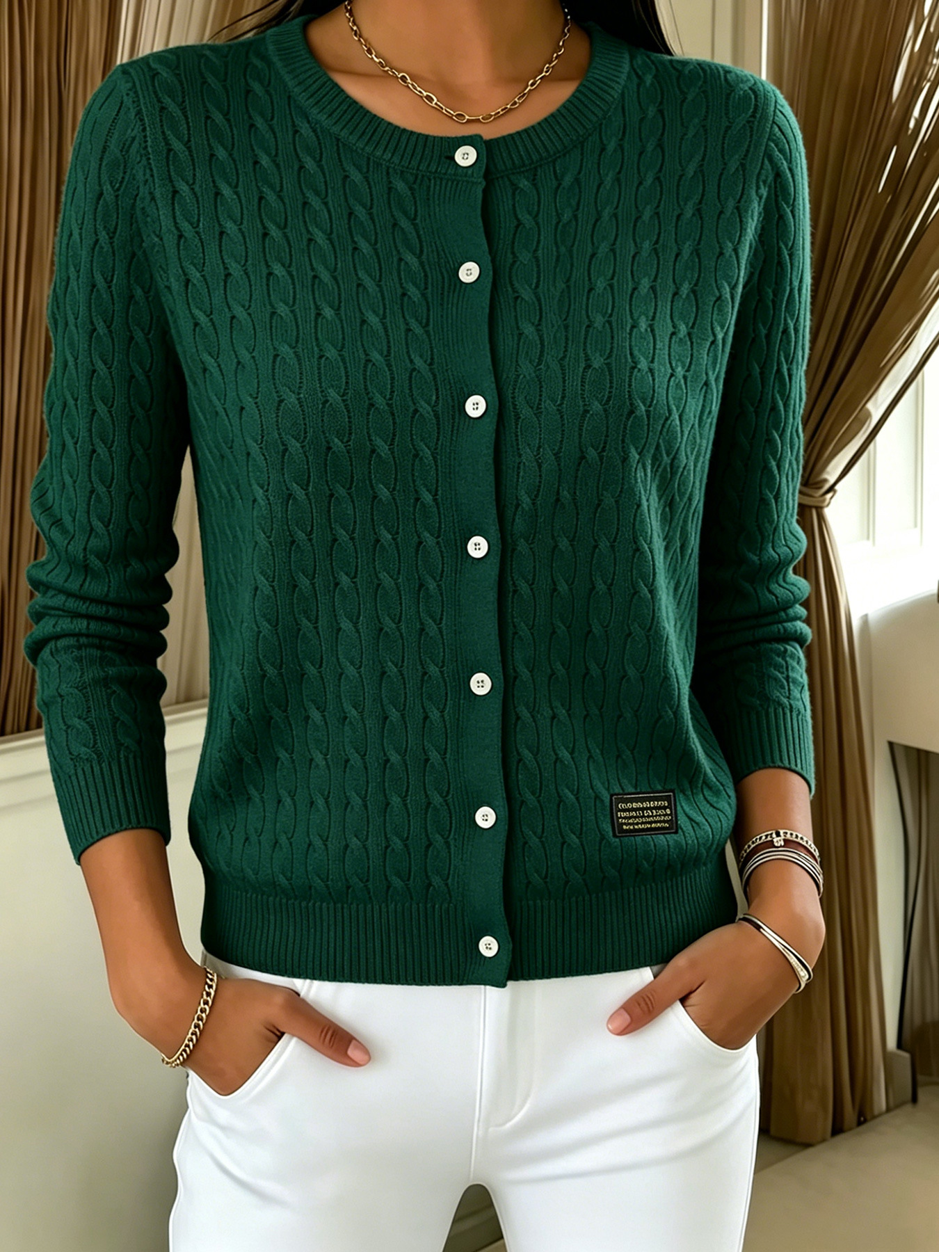 Women's Button-Up Knit Cardigan with Contrast Collar
