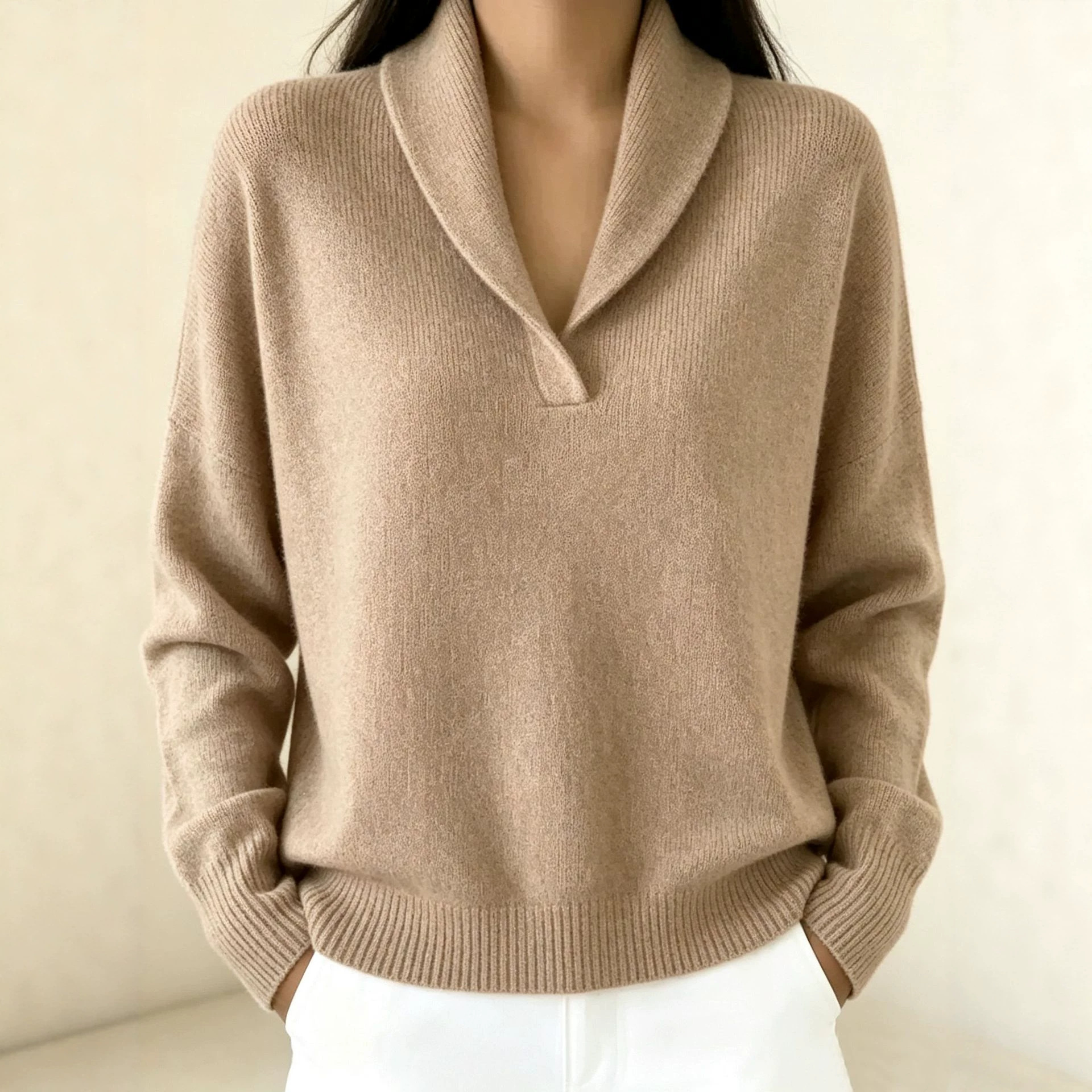 V-Neck Long Sleeve Solid Color Loose Knit Pullover Top
