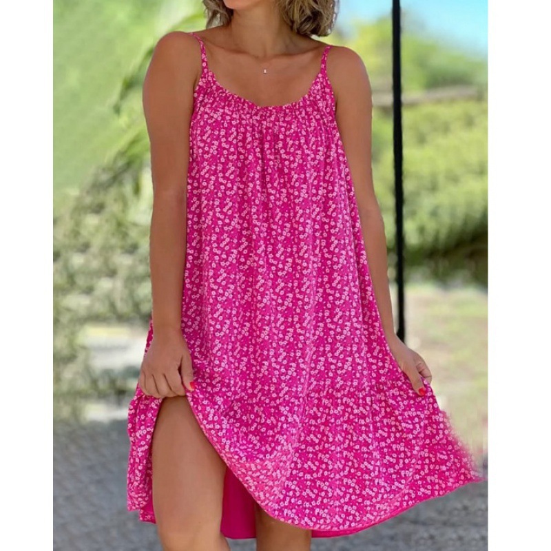 2023 New Amazon Independent Station Europe & US Cross-Border Hot-Selling Hem Pleated Floral Spaghetti Strap Loose Dress Women