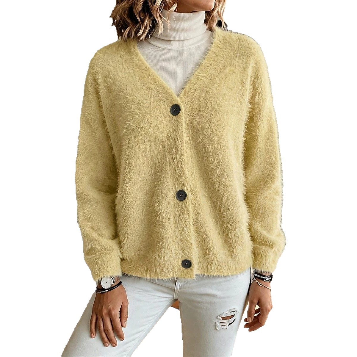 Faux Mink Knit Cardigan V-Neck Loose Long Sleeve Sweater Coat