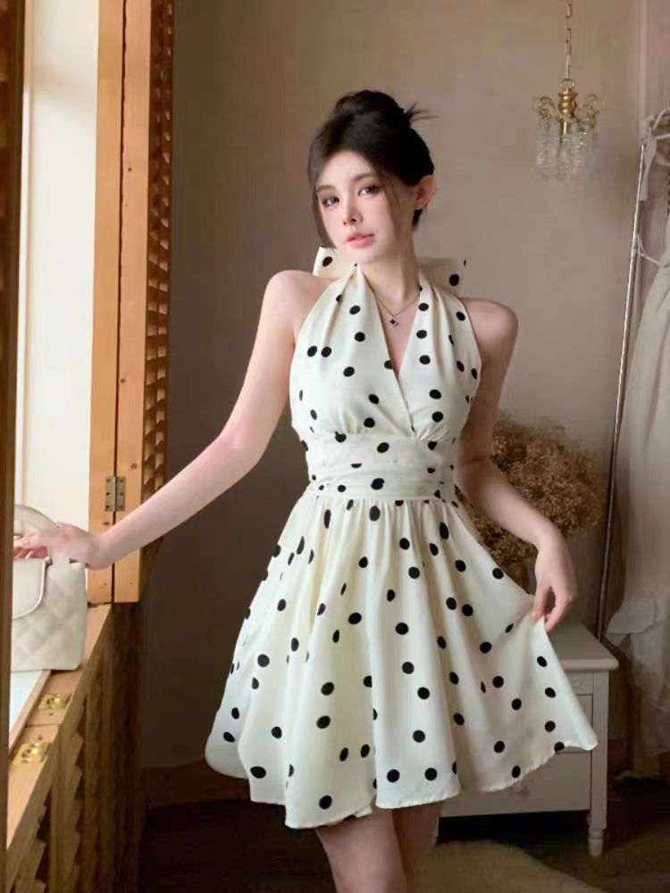 French Bow Open-Back Polka Dot Dress Waist-Cinching A-Line Short Dress