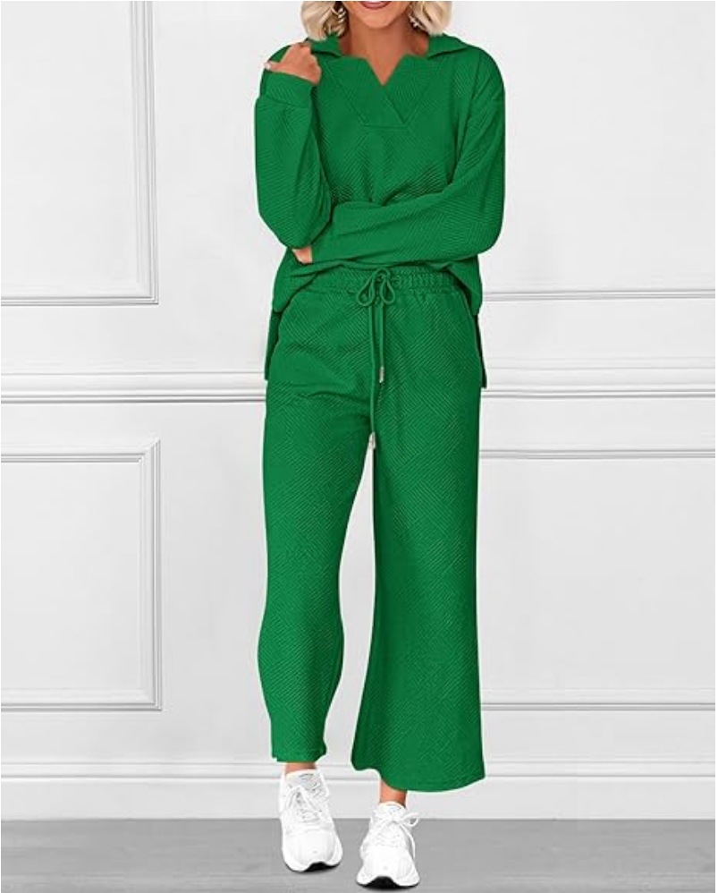 Solid Textured Long-Sleeve Hoodie and Pants Two-Piece Set