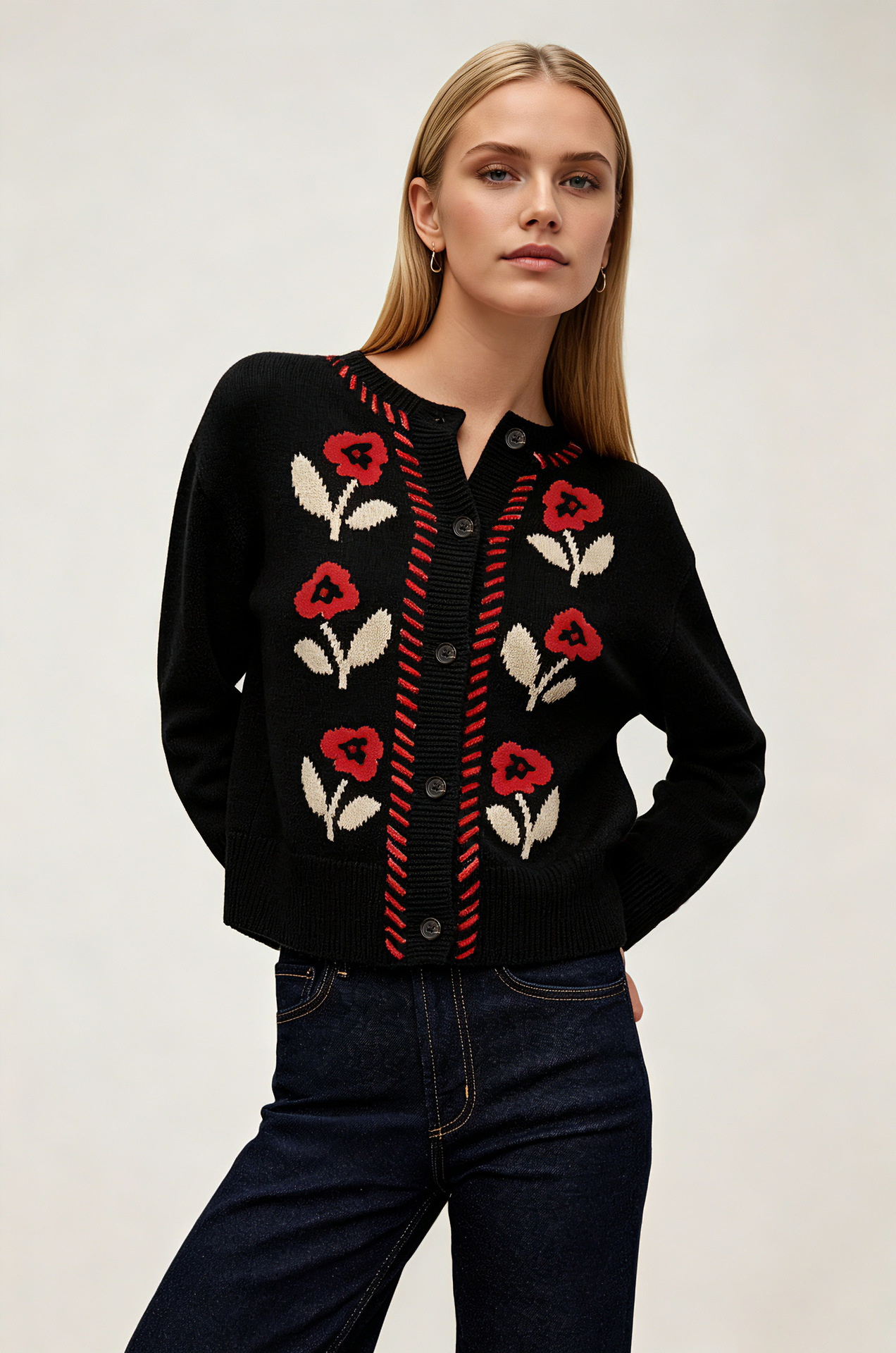Floral Jacquard Knit Cardigan Women Round Neck Button Long Sleeve