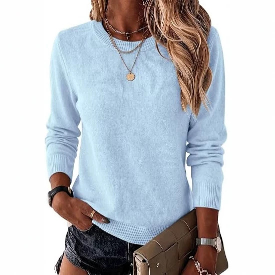 Women's Crewneck Knit Sweater Solid Color Pullover Long Sleeve