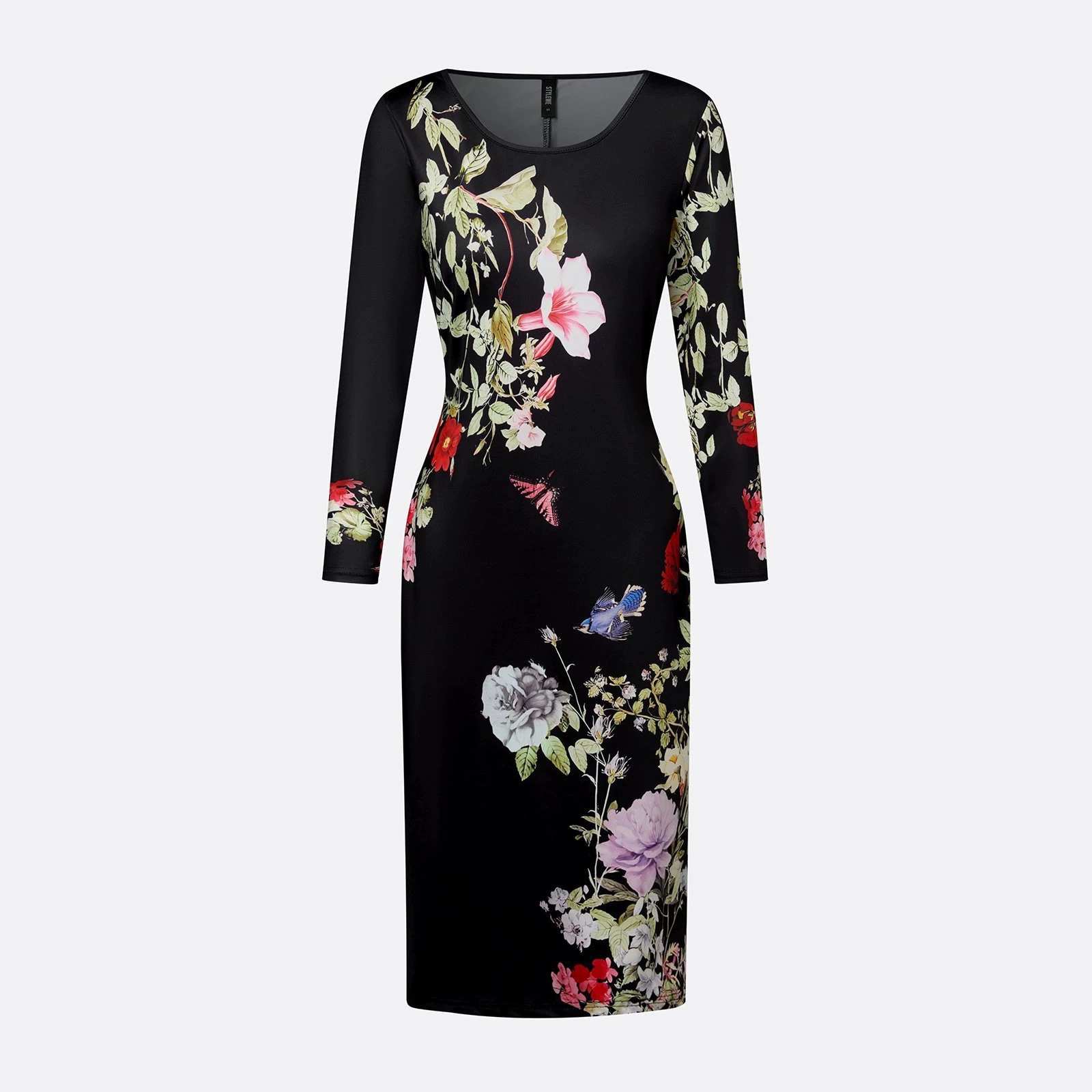 Elegant Floral Print Round Neck Midi Dress Slimming Long Sleeve Women's
