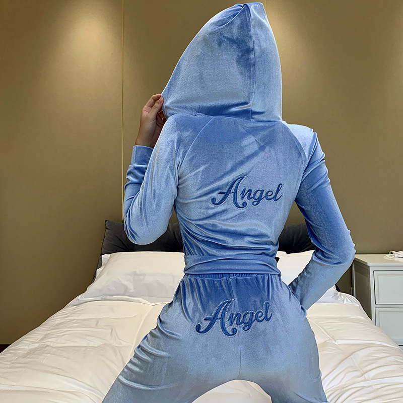 Long Sleeve Hooded Zip Sweatshirt and Pants Set with Angel Letter Embroidery