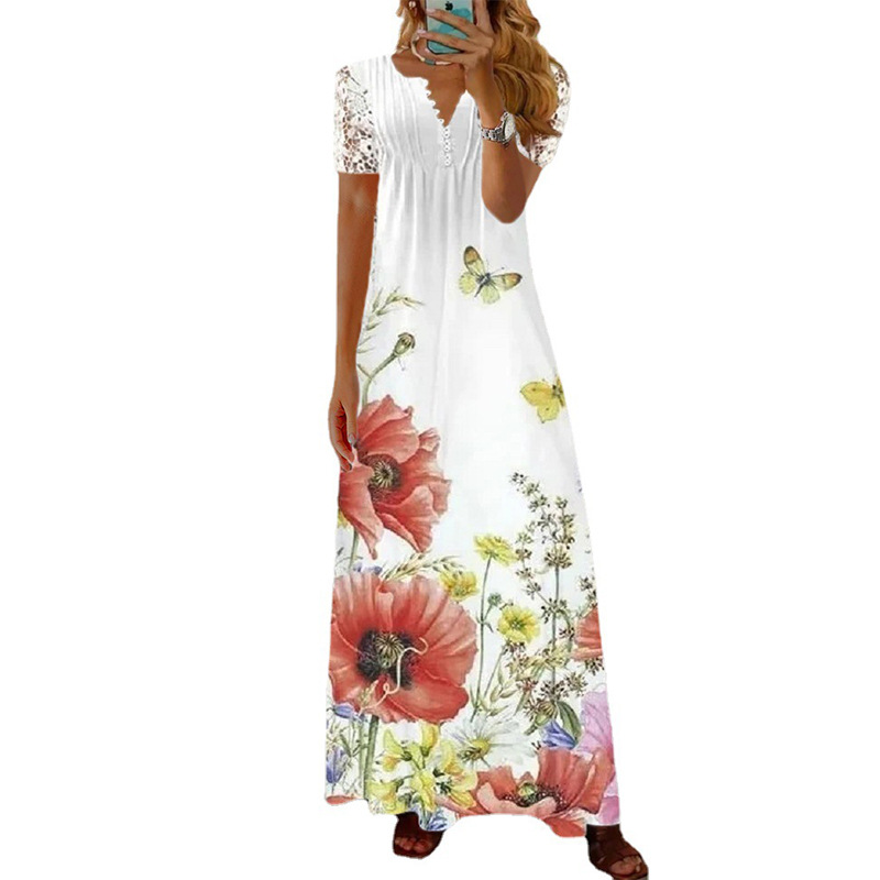 Floral Print Lace Short Sleeve Long A-Line Dress