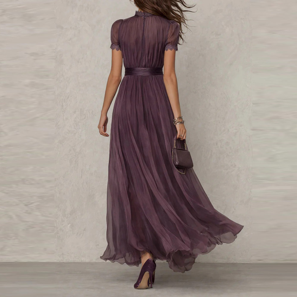 V-Neck Waist-Cinched Ruffle Flared Midi Dress