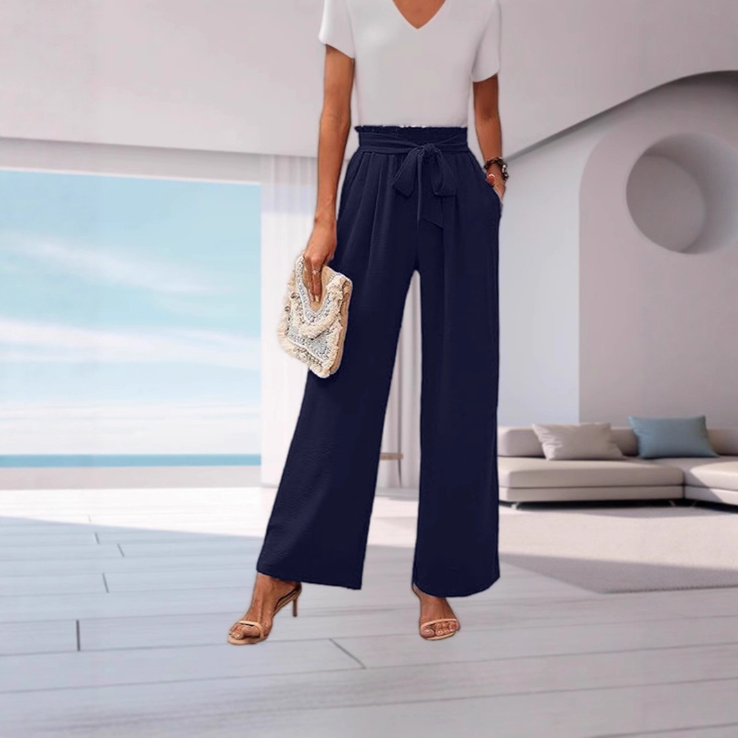 Women's High-Waist Wide-Leg Pants with Pockets Solid Color