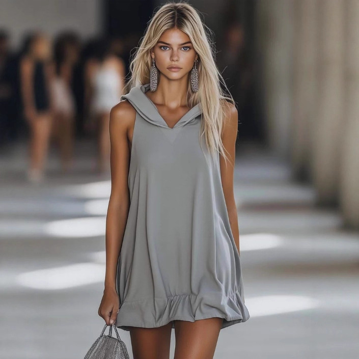 Gray Sleeveless Hooded Mini Dress