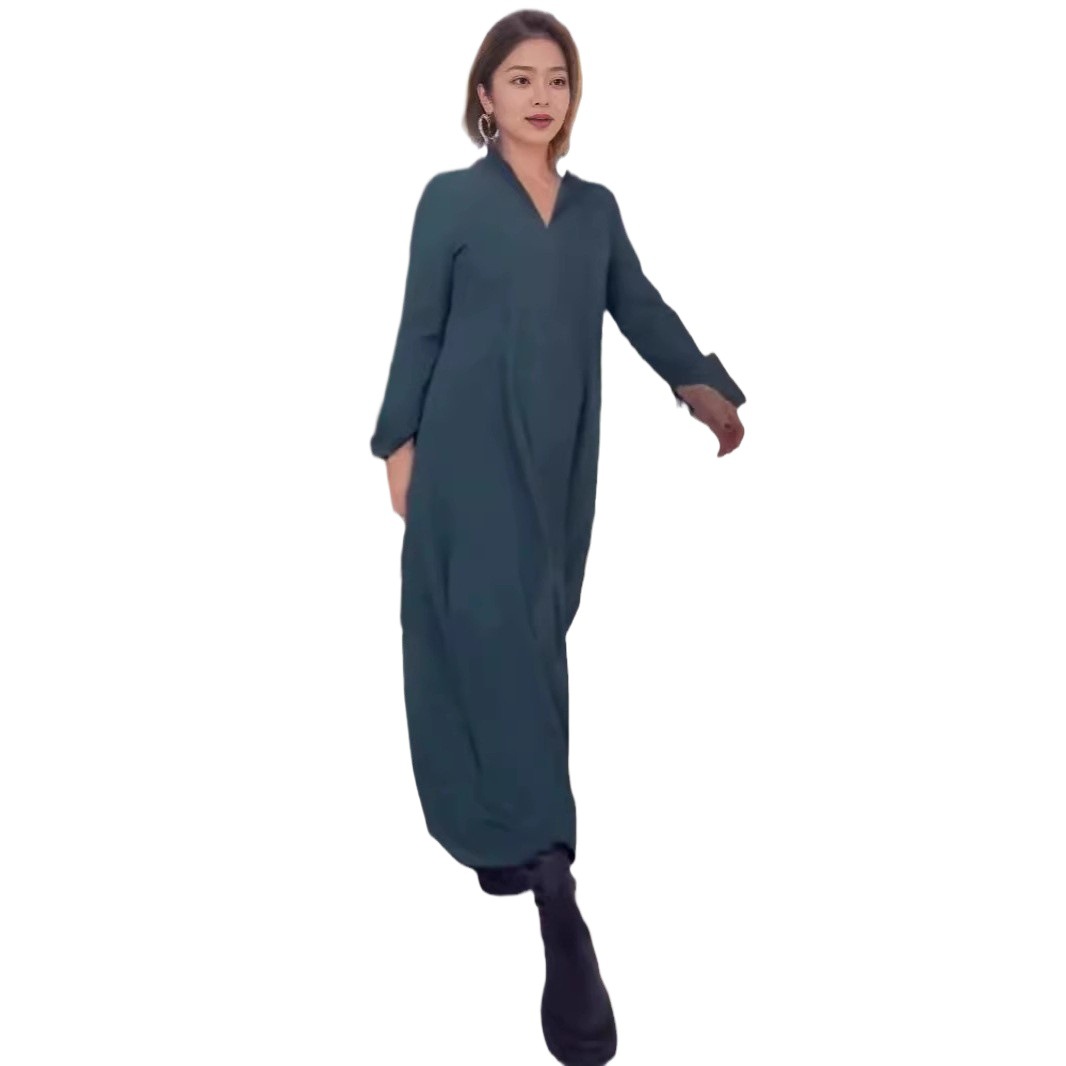 Women's Solid V-Neck Long Sleeve Loose Fit Maxi Dress