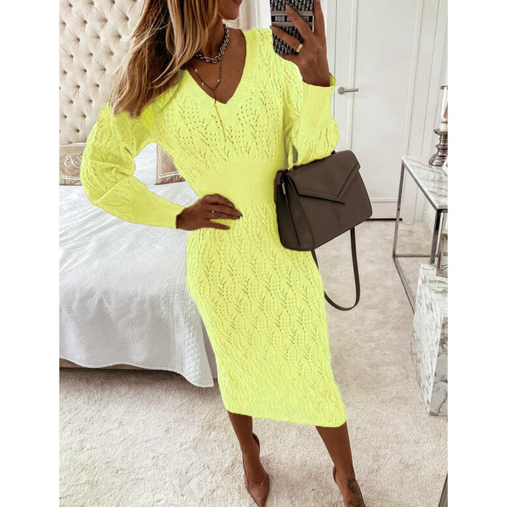 Plus Size Knit Bodycon Sweater Dress V-Neck Long Sleeve