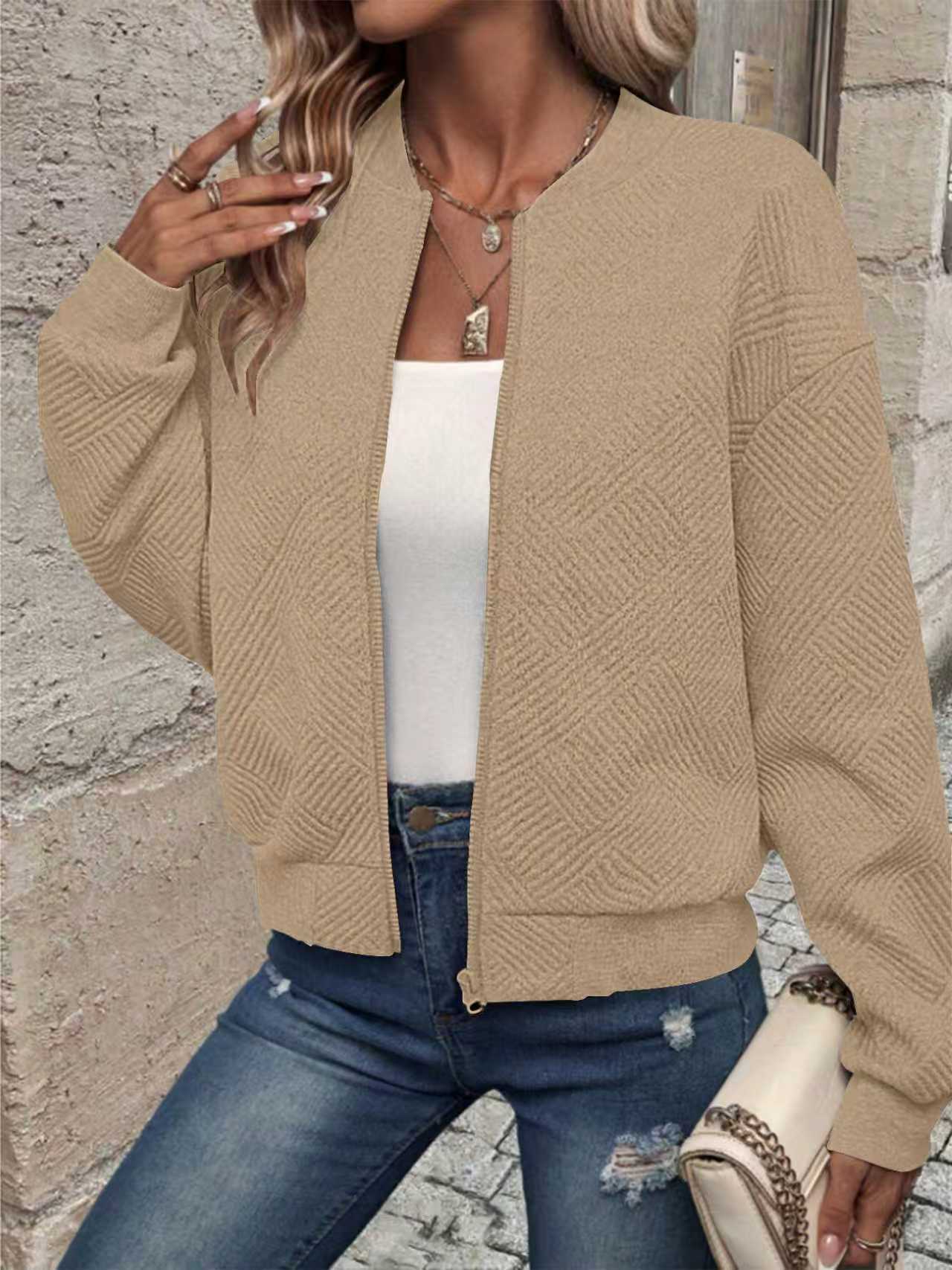 Women's Long Sleeve Knit Cardigan with Zip Detail Solid Color