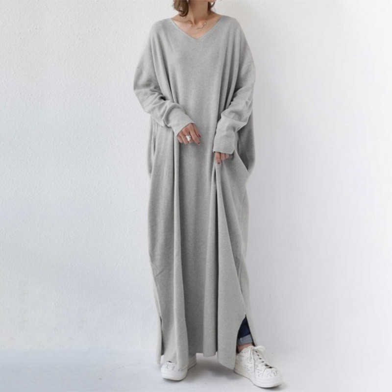 Minimalist Urban Casual Knit Long Sleeve V-Neck Maxi Dress Plus Size