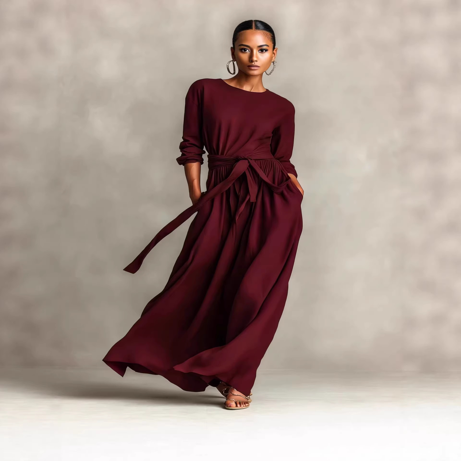 Women's Elegant Brown Woven Long Sleeve Round Neck Dress