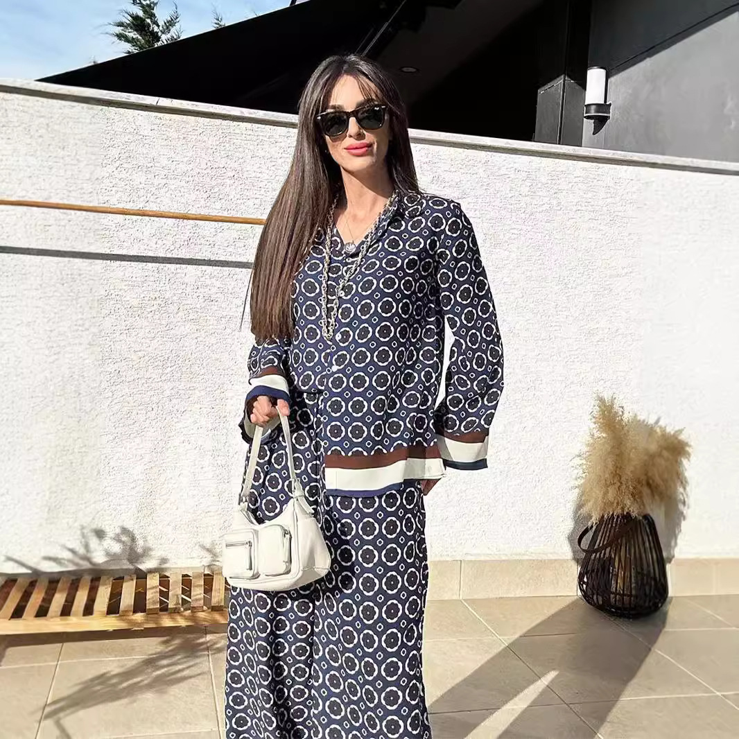 Women's Printed Long Sleeve Shirt and High Waist Pants Two-Piece Set
