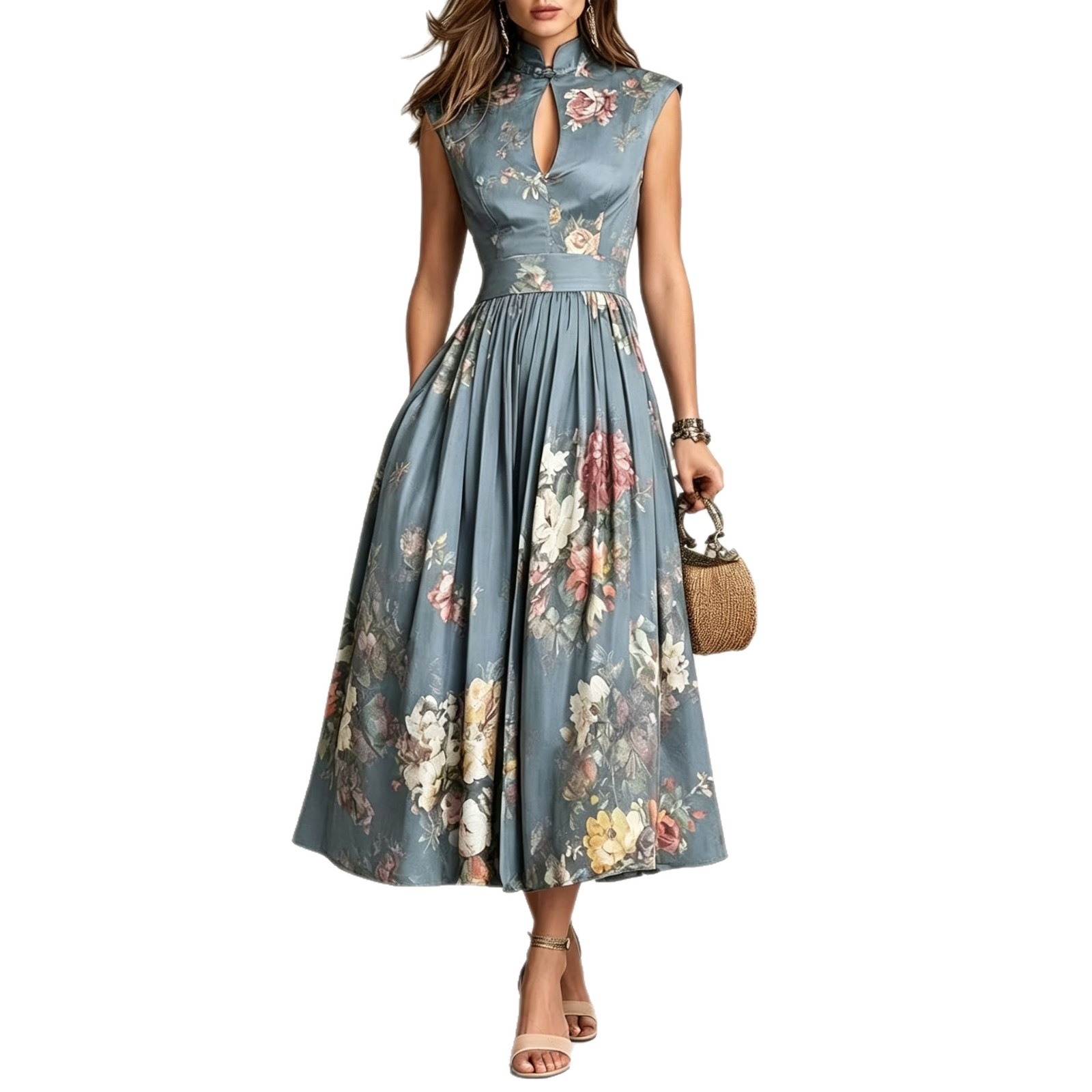 Elegant Printed Qipao-Collar A-Line Maxi Dress