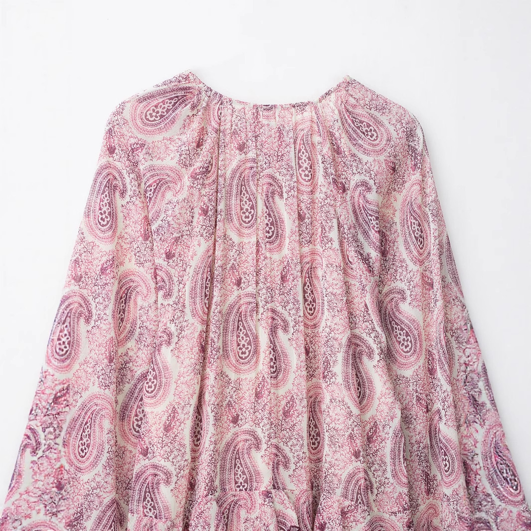 Layered Print Loose A-Line Long Dress with V-Neck and Ruffles