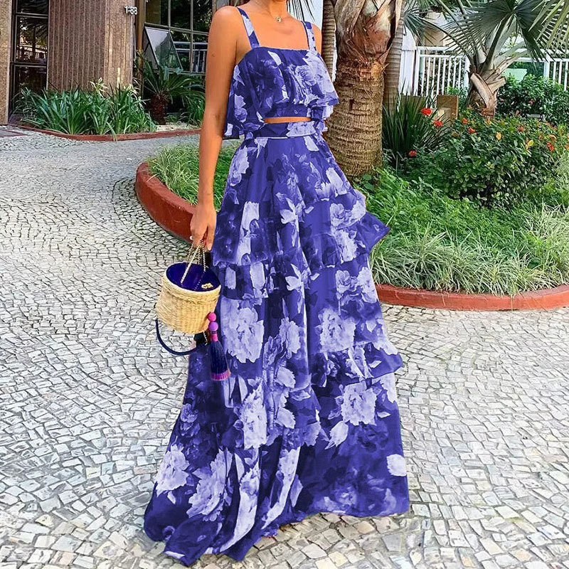 Women's Summer Vacation Print Two-Piece Cami and Tiered Skirt Set