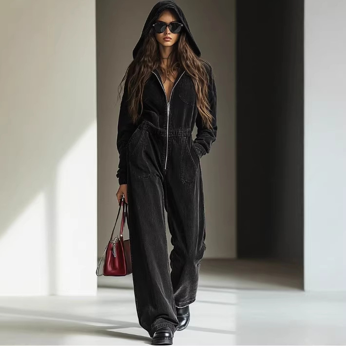 Relaxed Vintage Denim Hooded Jumpsuit with Elastic Waist and Zip