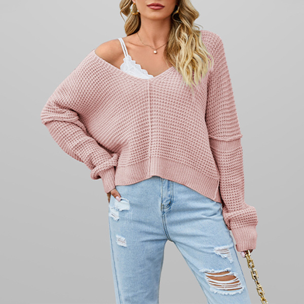 Off-Shoulder V-Neck Loose Knit Sweater