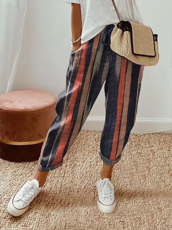 Women's Cotton-Linen Elastic Waist Cropped Pants Casual Loose Fit