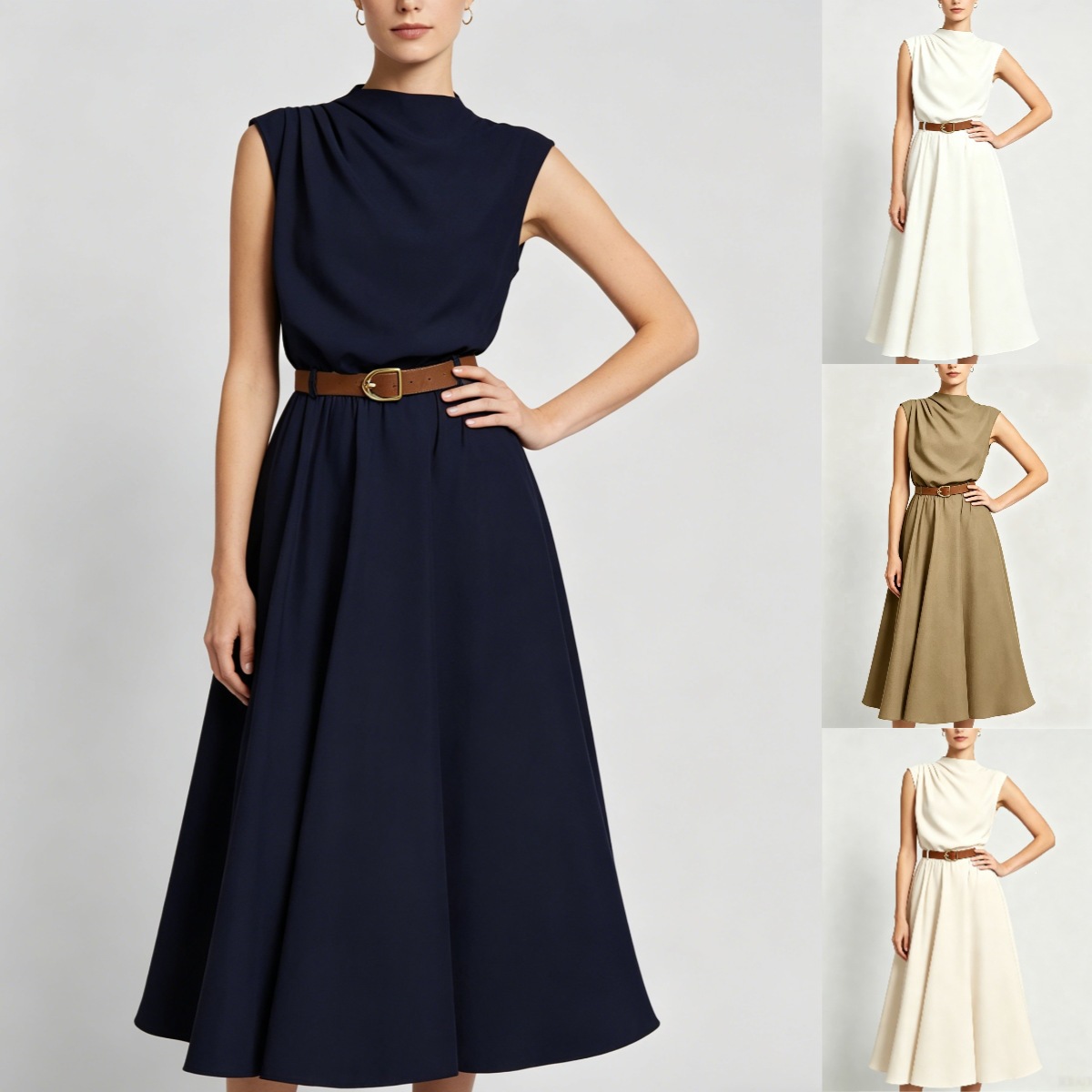 High Neck Sleeveless A-Line Midi Dress with Side Ruching and Belt