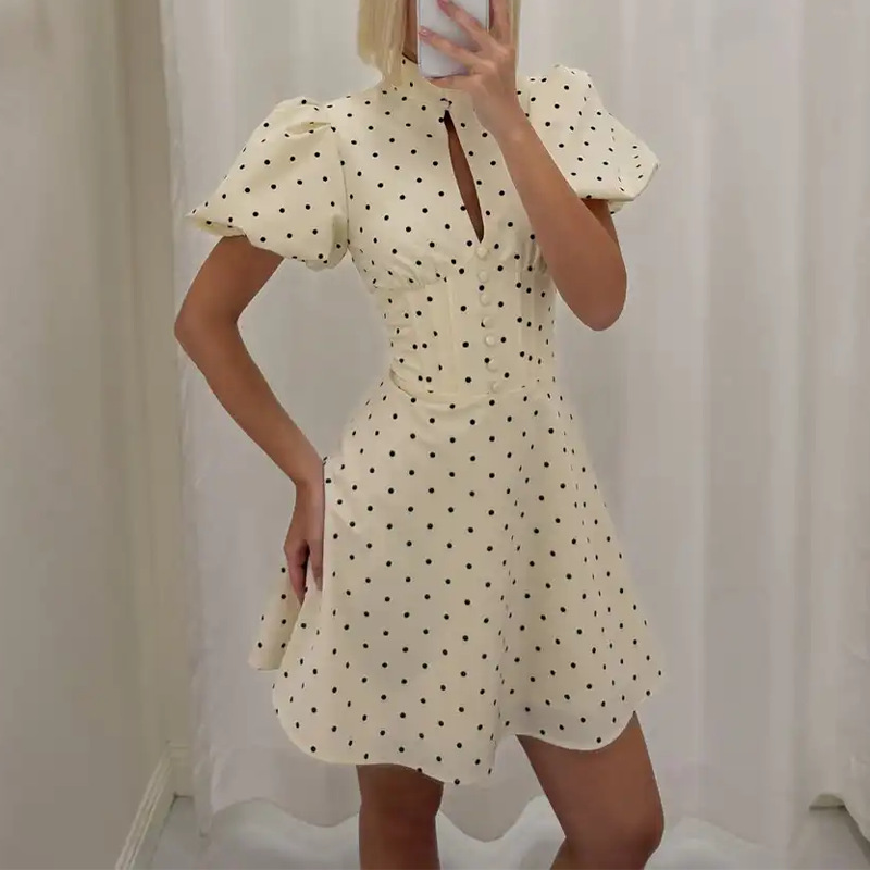 Elegant Polka Dot Cutout Puff Sleeve Dress