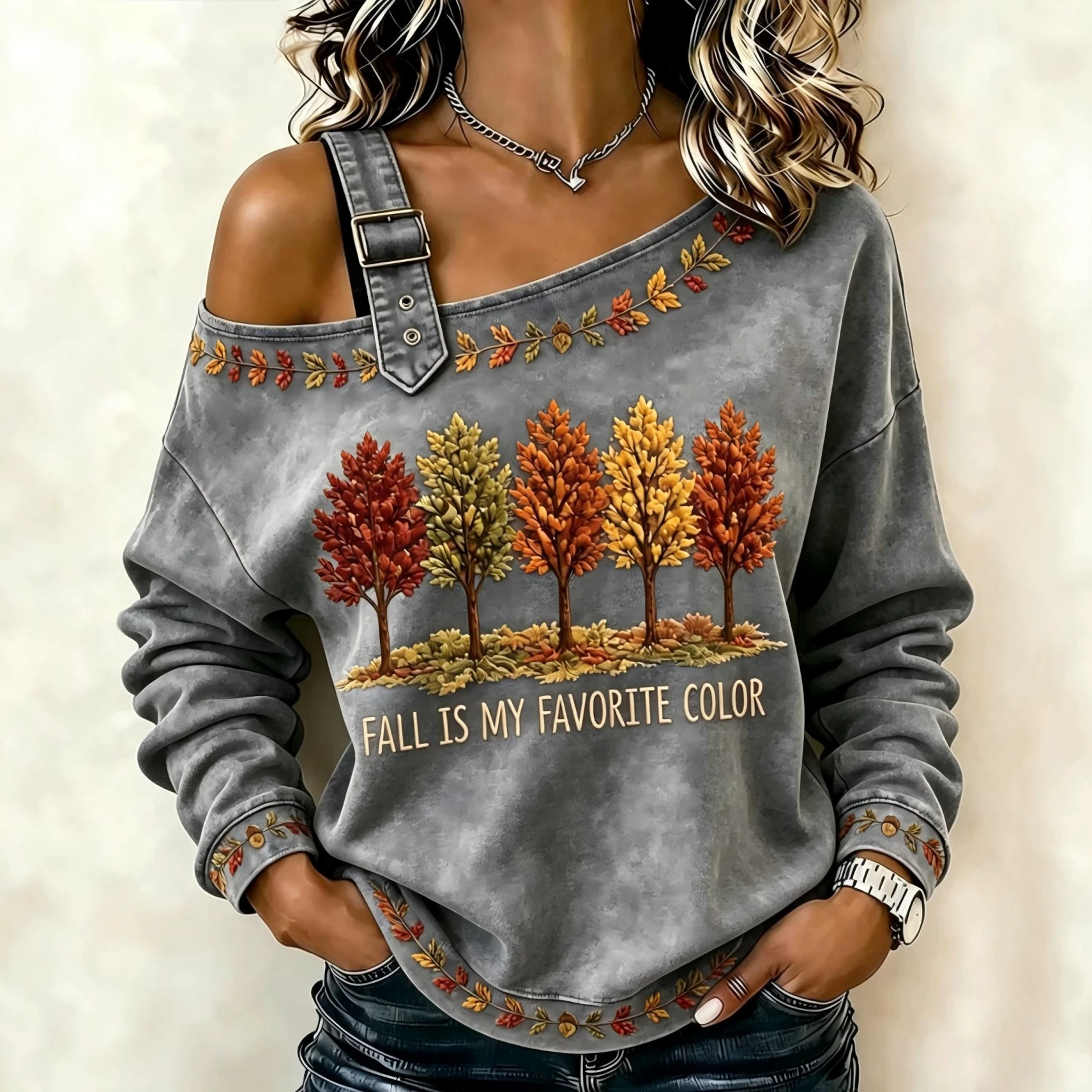 Maple Leaf Letter Floral Print Crewneck Long Sleeve Lace-Up Sweatshirt