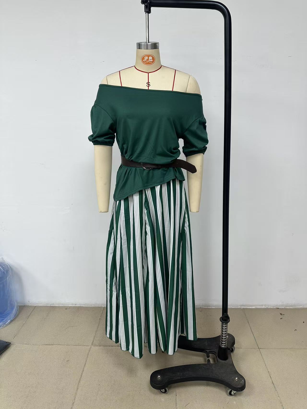 Off-Shoulder Top and Slit Skirt Two-Piece Set