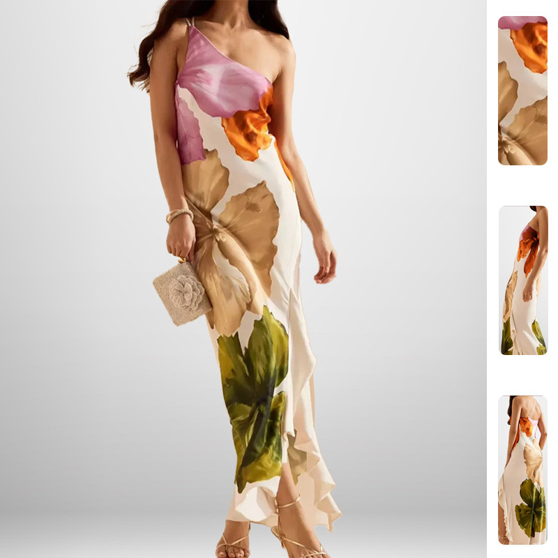 Women's One-Shoulder Printed Maxi Dress Elegant Sleeveless