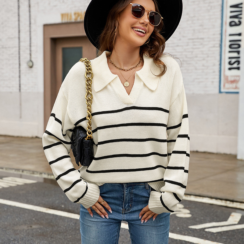 Striped Polo Neck Knit Sweater Plus Size Women's Pullover