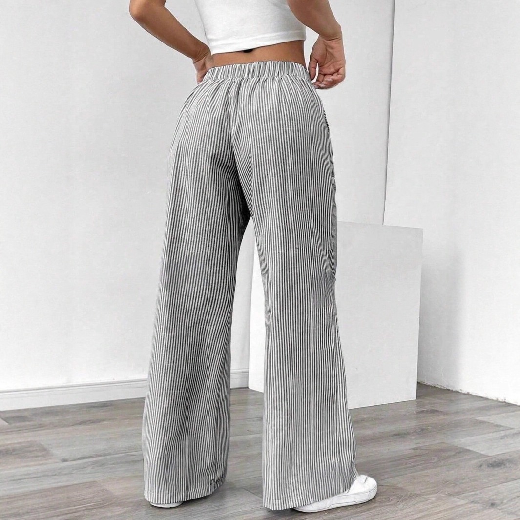 Striped Wide-Leg Lounge Pants for Women, Lightweight Straight-Cut Casual Trousers