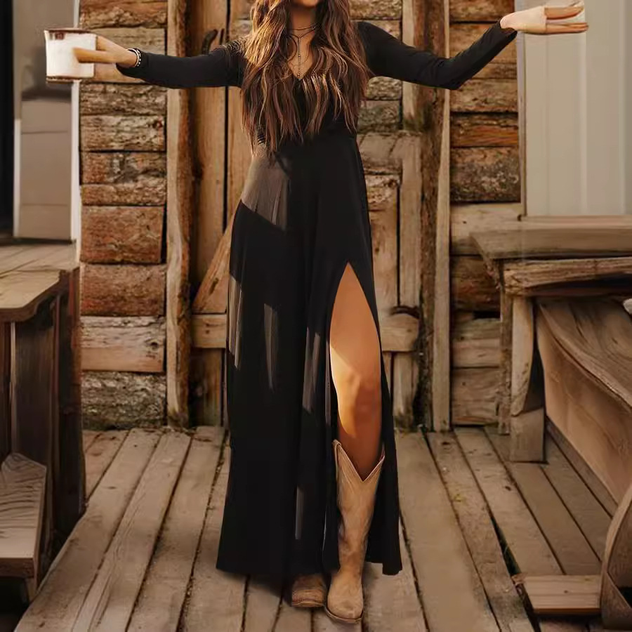 V-Neck Long Sleeve Slit Dress