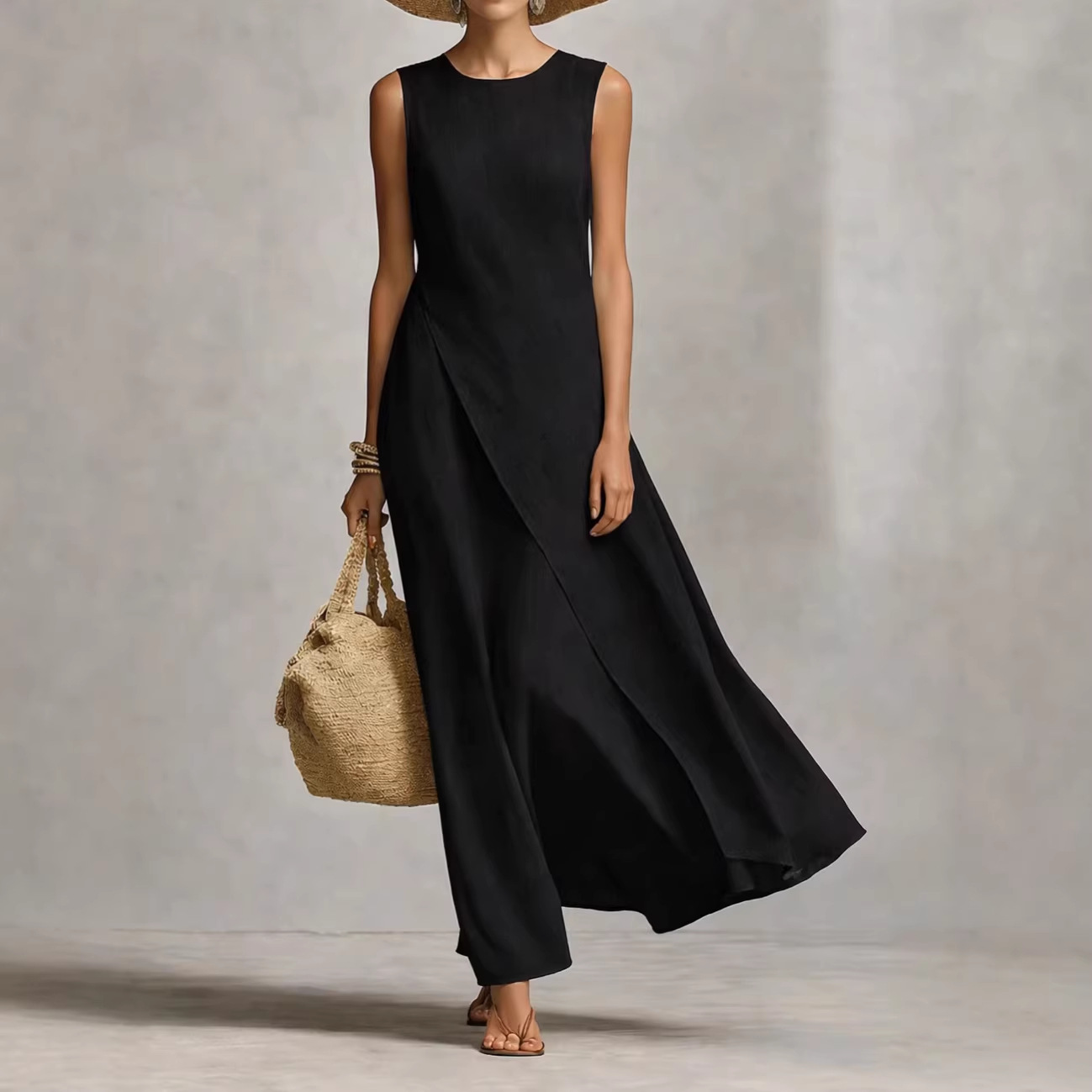 Sleeveless Asymmetrical Hem Cotton-Linen Blend Dress