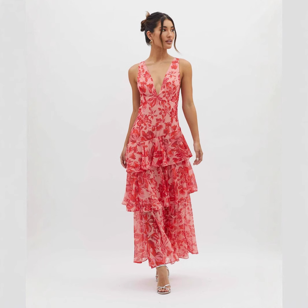 Women's Halter Neck Chiffon Dress Slim Fit Ruffle Hem