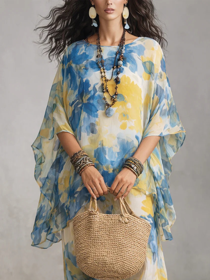 Floral Print Two-Piece Dress Set with Batwing Sleeves and High Waist