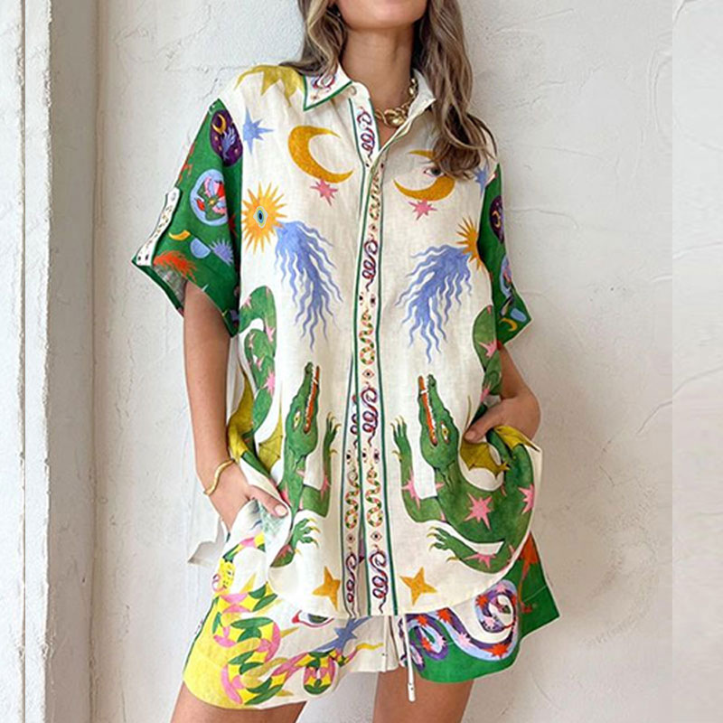 Women's Printed Tie-Front Shirt and Shorts Set Casual Vacation Outfit