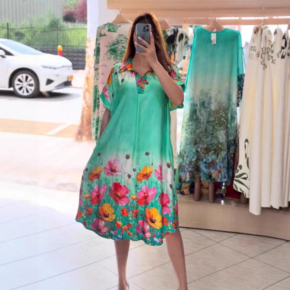 Floral Print Collared Short Sleeve Pocket Dress