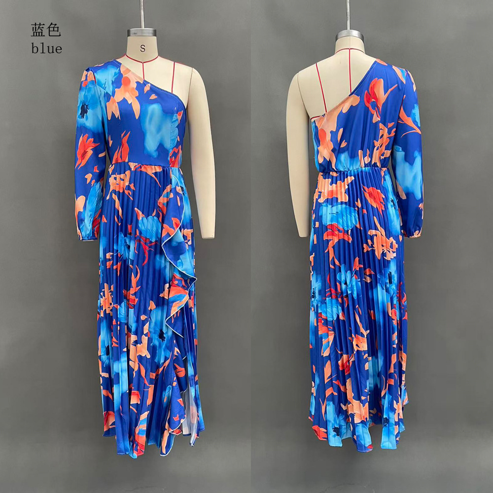 Women's Floral Print Off-Shoulder Long Dress with Irregular Slit and Pleated Details
