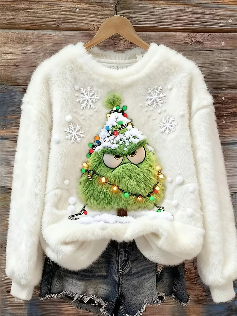 Goblin Snowflake Print Long-Sleeve Pullover Fleece Sweatshirt