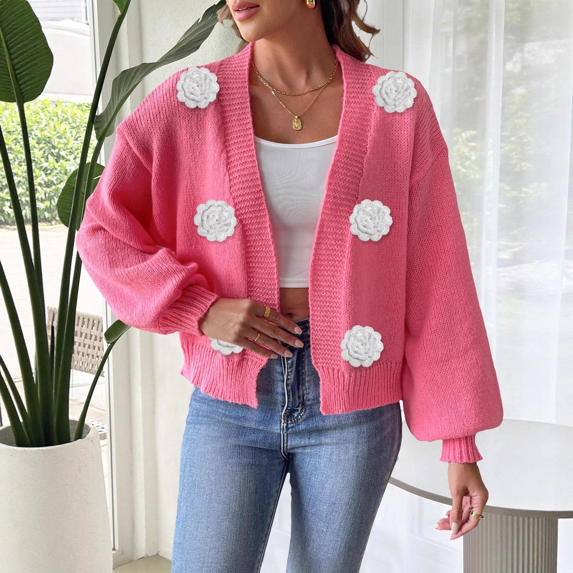 Women's Open-Front Cardigan with 3D Hand-Crocheted Floral Appliqué