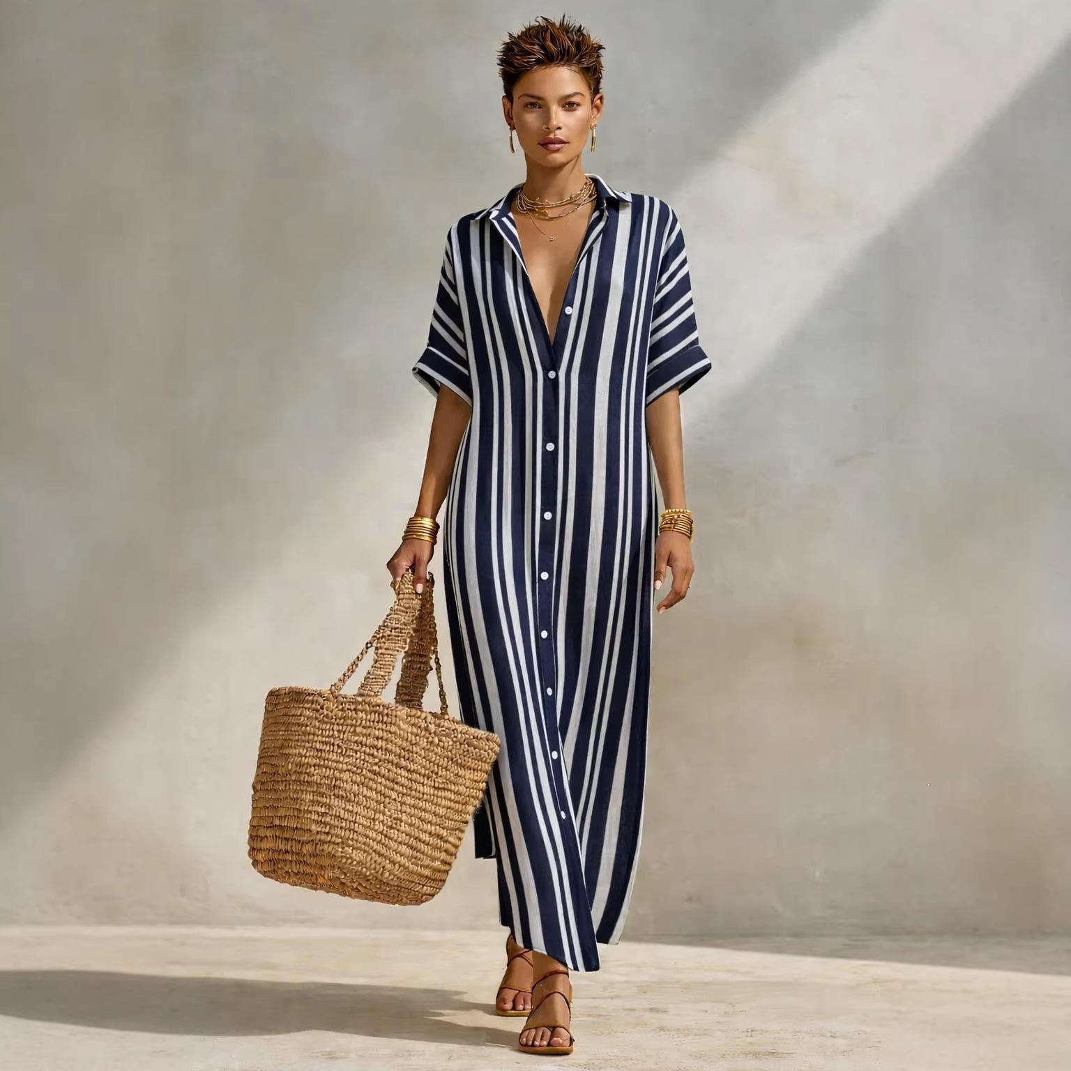 Women's Striped Shirt Dress Loose Casual Long Vacation Dress