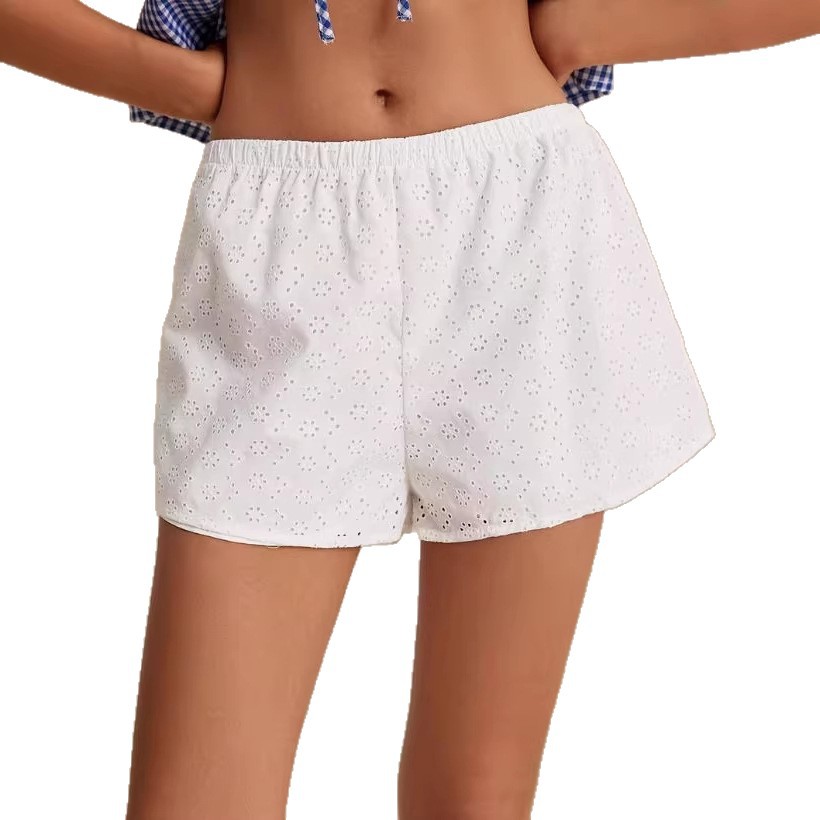 White Knit Jacquard Wide-Leg Shorts for Women, Breathable Casual