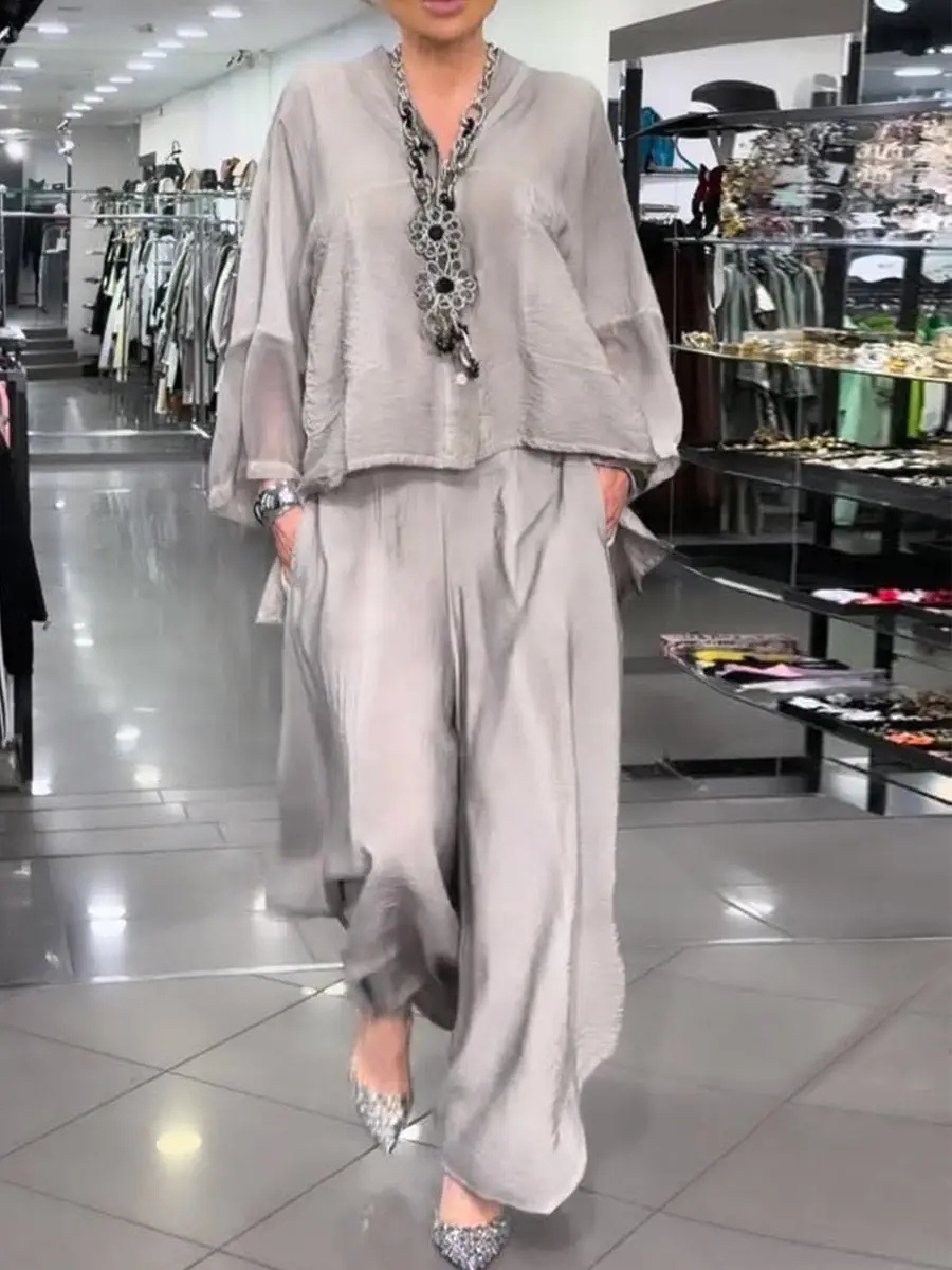 Women's Casual Loose Cotton-Linen Spliced Chiffon V-Neck Long-Sleeve Two-Piece Set