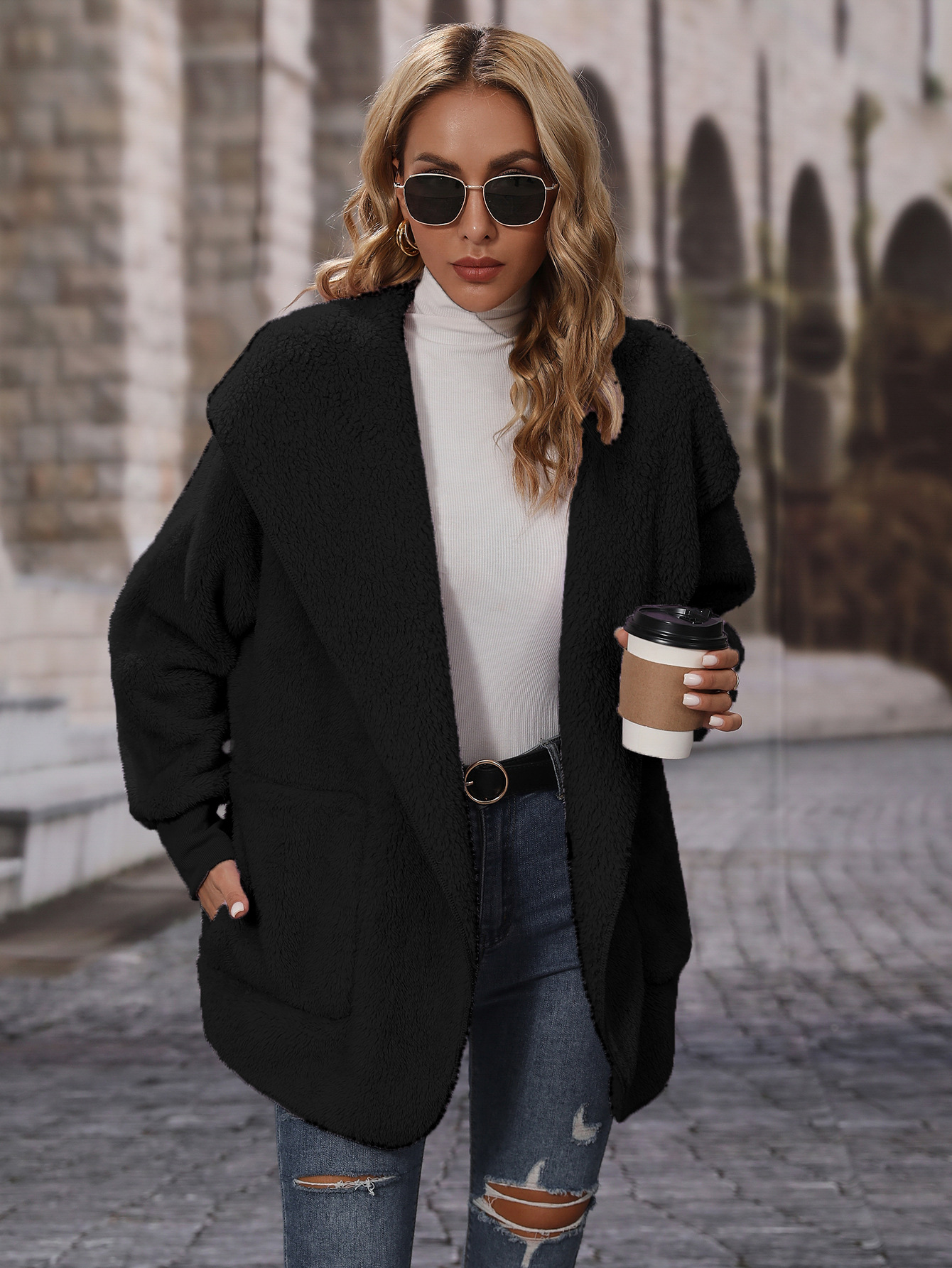 闪绒双面绒连帽长袖宽松中长款无扣开衫