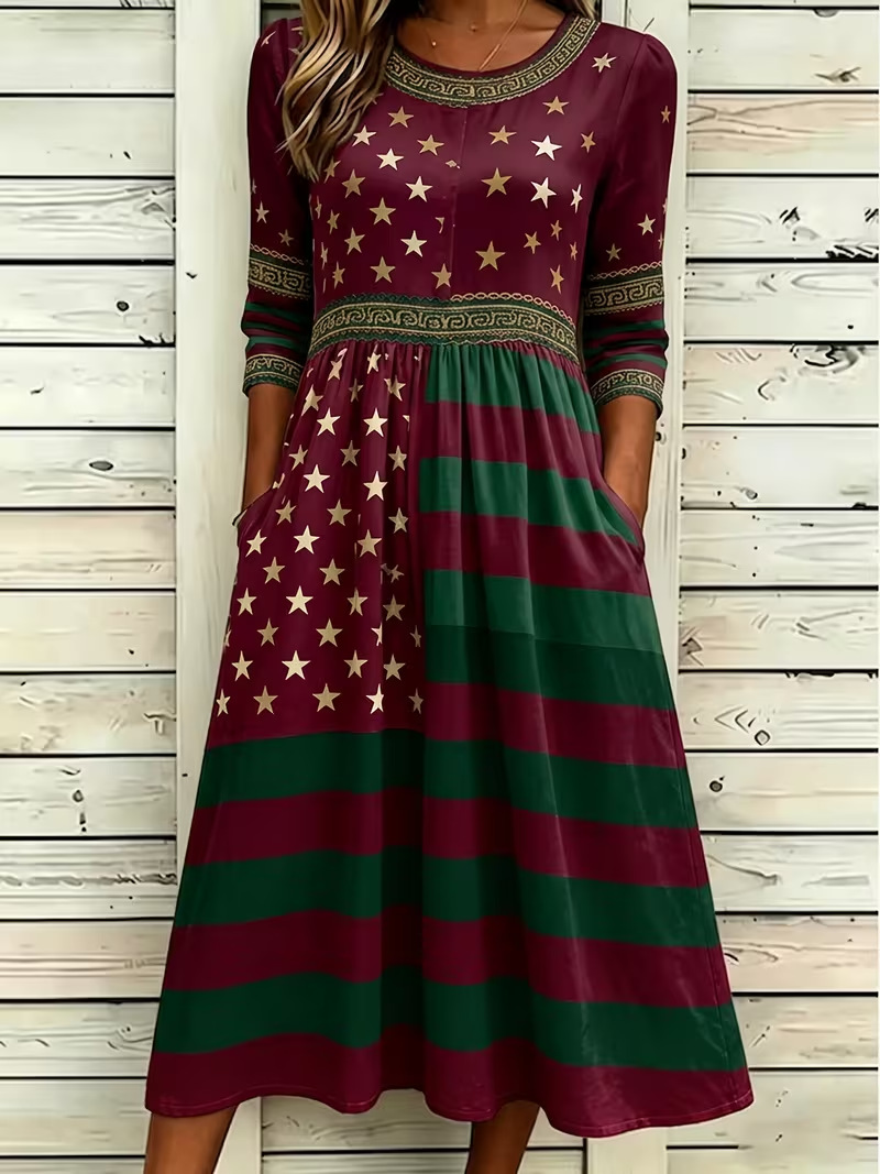 Women's Colorblock Plaid Star Print Ruched Midi Dress