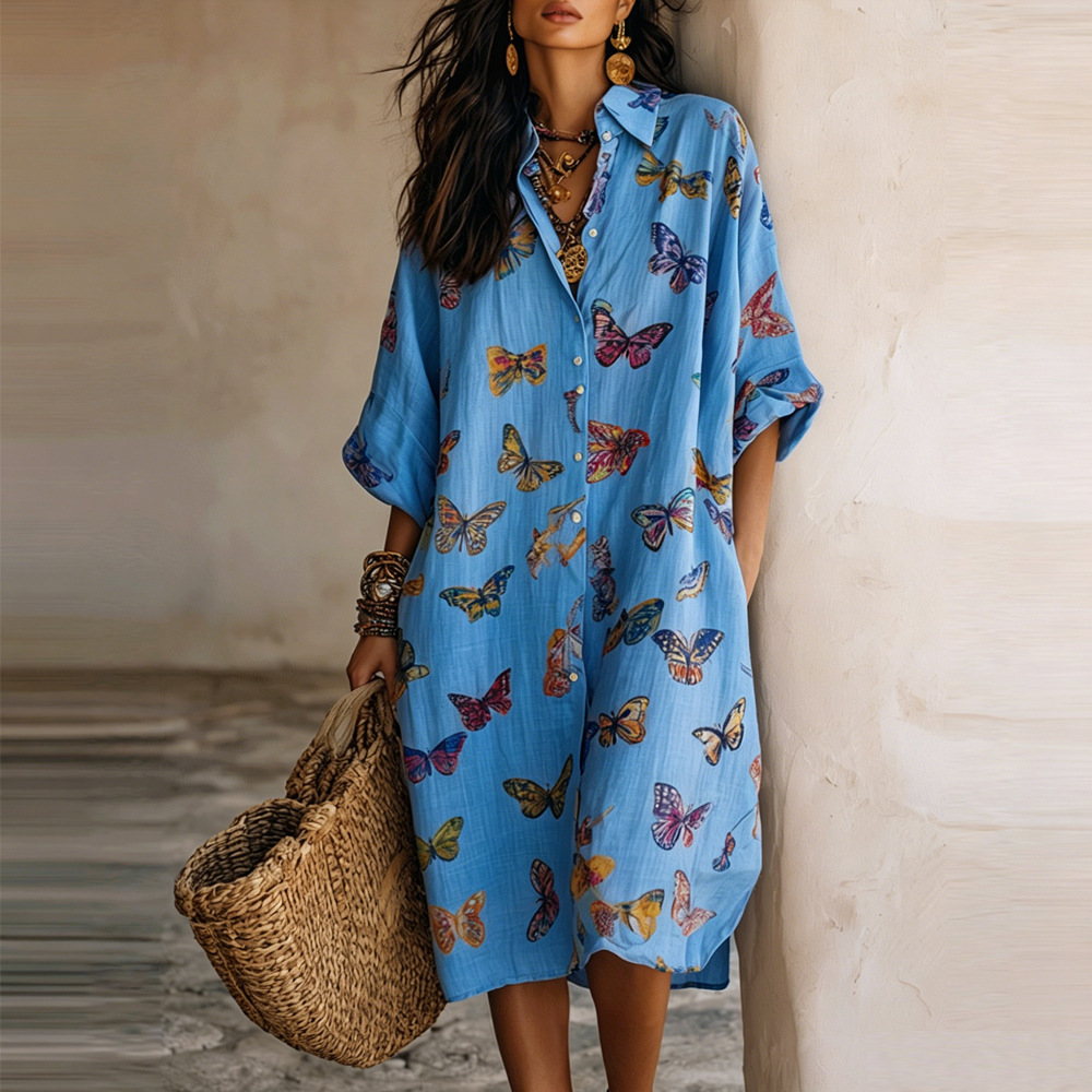 Butterfly Print V-Neck Midi Dress with Three-Quarter Sleeves