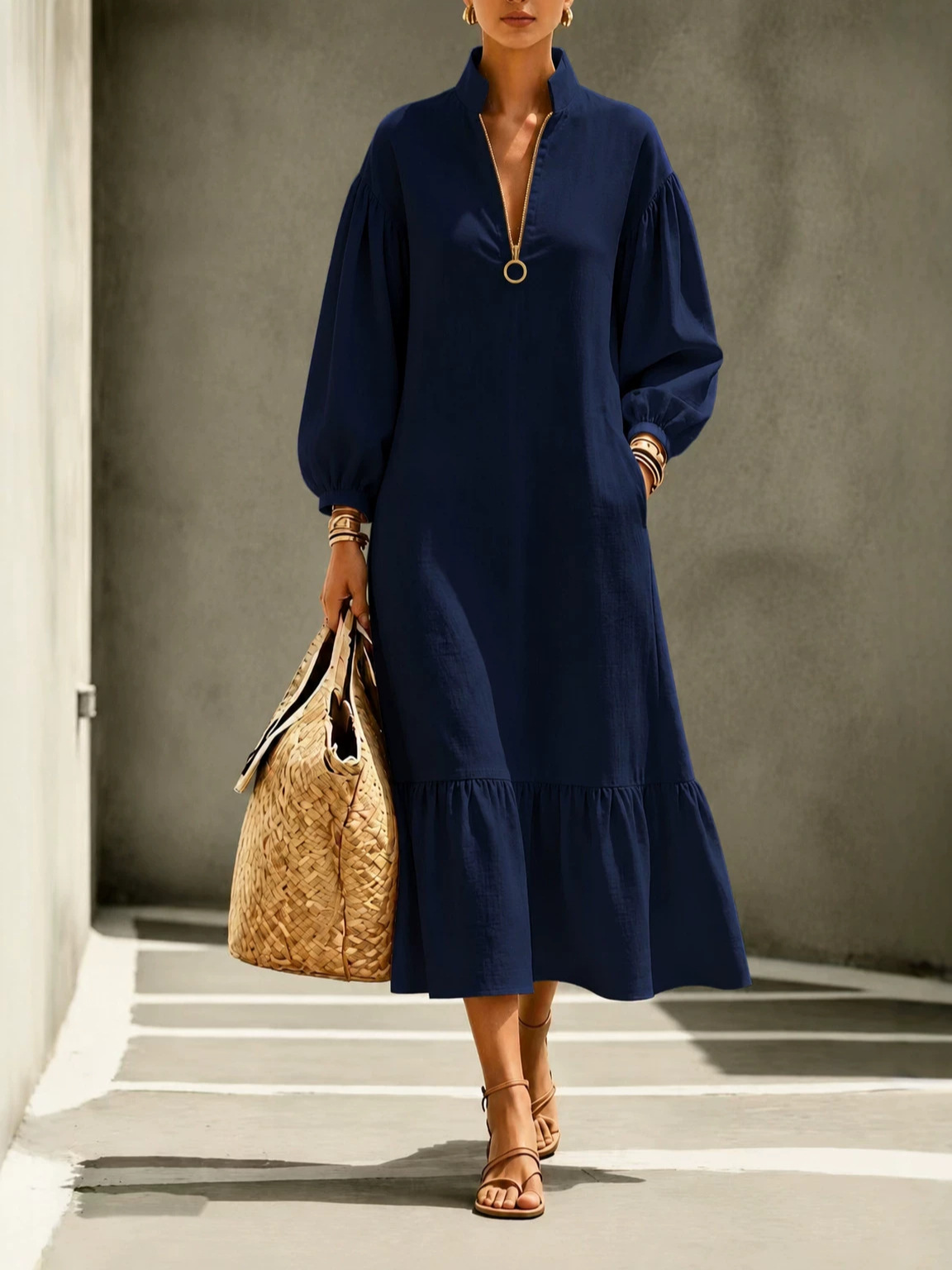 Solid Stand Collar O-Ring Zip Lantern Sleeve Dress with Pockets